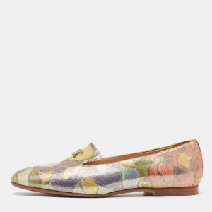 Chanel Multicolor Floral Print Glitter Lame Fabric CC Smoking Slippers Size 37.5