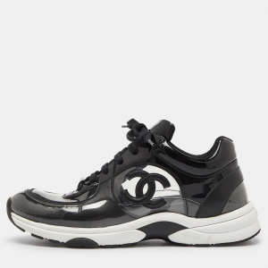 Pre Owned Chanel Black Patent Leather and PVC CC Low Top Sneakers Size 38.5