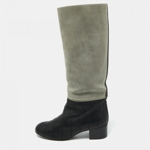 Chanel Black/Grey Nubuck and Leather Knee Length Boots Size 38.5