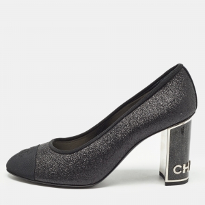 Chanel Black Glitter And Cap Toe Block Heel Pumps Size 40