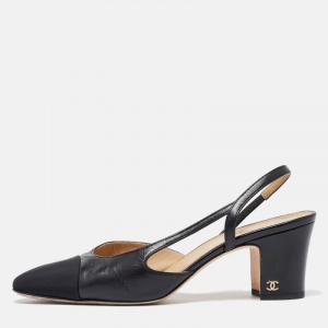 Pre Owned Chanel Black Canvas and Leather CC Cap Toe Block Heel Slingback Sandals Size 39.5