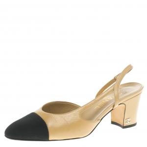 Chanel Beige Leather and Black Fabric Cap Toe Slingback Sandals Size 37