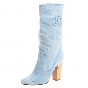Chanel Light Blue Denim Wash Mid Calf Boots Size 38