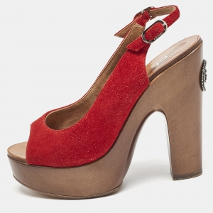 Chanel Red Suede CC Slingback Platform Sandals Size 36
