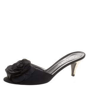 Chanel Black Camellia Embelllished Peep Toe Mules Size 39.5