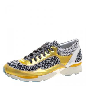 Pre Owned Chanel Monochrome Tweed and Metallic Leather Sneakers Size 40.5