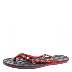 Chanel Orange Suede Chain Link Quilted Thong Sandals Size 39