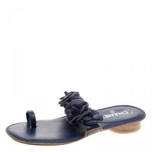 Chanel Blue Leather Camellia Toe Ring Flat Sandals Size 39