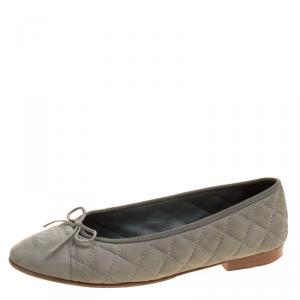 Pre Owned Chanel Khaki Quilted Nubuck CC Bow Ballet Flats Size 39