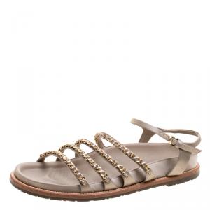 Chanel Beige Satin Chain Detail Ankle Strap Flat Sandals Size 41.5