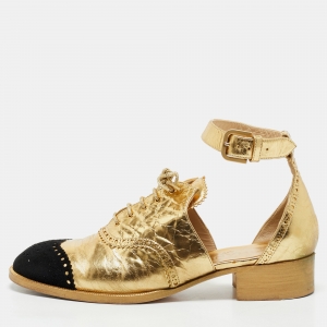 Chanel Gold/Black Leather and Suede CC Ankle Strap Oxford Sandals Size 38.5