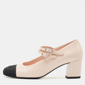 Chanel Pink/Black Leather and Grosgrain Cap Toe Mary Jane Pumps Size 38