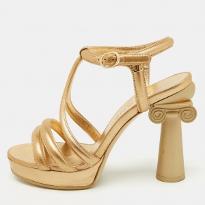 Chanel Metallic Gold Leather Parthenon Grecian Column Platform Sandals Size 36