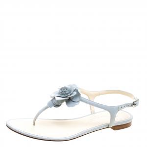 Chanel Grey Leather Camellia Thong Sandals Size 35
