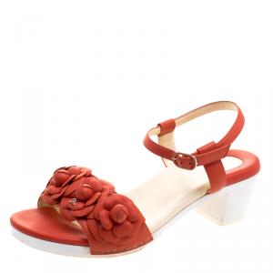 Chanel Orange Leather Camellia Embellished Ankle Strap Sandals Size 38