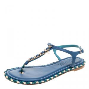 Pre Owned Chanel Blue Braided Leather Chain Detail Flat Thong Sandals Size 38