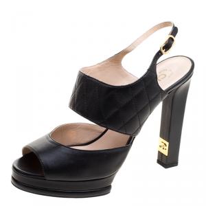 مملوكة مسبقًا Chanel Black Quilted Detail Leather CC Ankle Strap Platform Sandals Size 41.5
