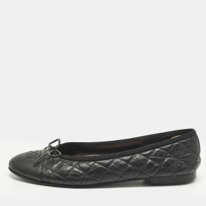 Chanel Black Quilted Leather CC Cap-Toe Bow Ballet Flats Size 39.5