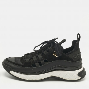 Pre Owned Chanel Black Neoprene and Suede CC Low Top Sneakers Size 39
