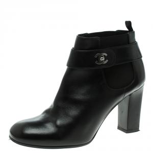 Chanel Black Leather CC Ankle Boots Size 38.5