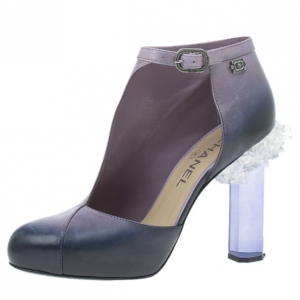Chanel Purple Ombre Leather Crystal Lucite Heel Cutout Ankle Booties Size 37.5