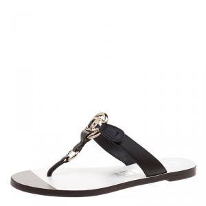 Chanel Black Leather CC Flat Thong Sandals Size 36