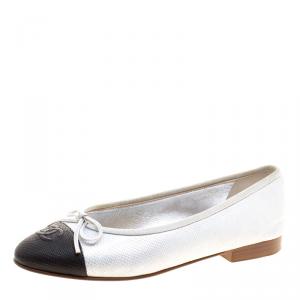 Pre Owned Chanel Metallic Monochrome Embossed Leather CC Cap Toe Bow Ballet Flats Size 36