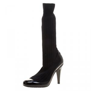 Chanel Black Patent Leather and Sock Knee Boots Size 38