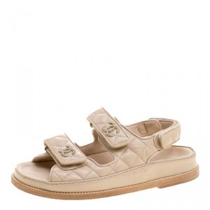 Chanel Beige Quilted Leather CC Velcro Flat Sandals Size 36.5