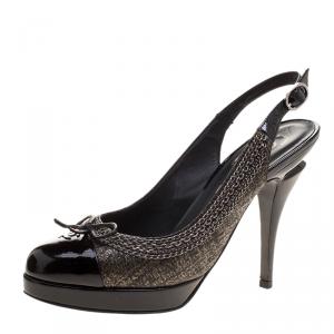 Chanel Black Leather CC Cap Toe Slingback Sandals Size 36.5