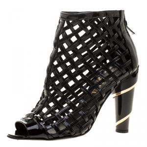 Chanel Black Patent Leather Open Toe Cage Ankle Boots Size 36