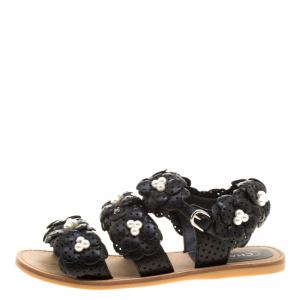 Chanel Black Perforated Leather CC Camellia Sandals Size 39