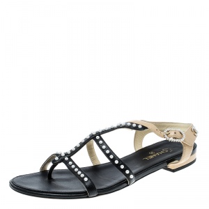 Chanel Black/Beige Leather Faux Pearl Embellished Strappy Flat Sandals Size 37.5