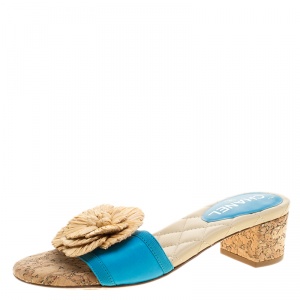 Chanel Blue Leather Cork Heel Camellia Slides Size 36.5