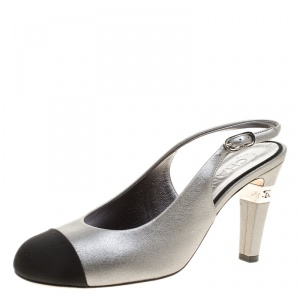 Chanel Two Tone Leather Cap Toe Slingback Sandals Size 37