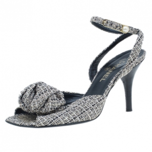 مملوكة مسبقًا Chanel Tweed Bow Ankle Strap Sandals Size 39.5