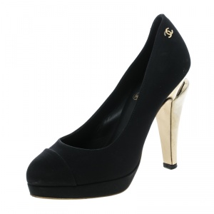 Pre Owned حذاء كعب عالي شانيل ساتان أسود نعل سميك مقاس 36.5