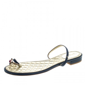 Chanel Blue Leather Enamel Embellished Toe Ring Flat Sandals Size 41