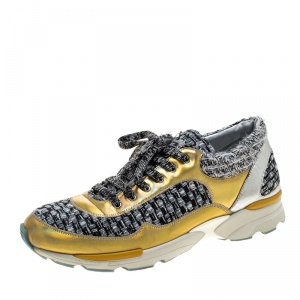Pre Owned Chanel Monochrome Tweed and Metallic Leather Sneakers Size 40.5