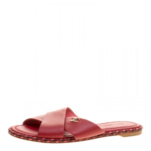 Chanel Red Leather Braided Trim Criss Cross CC Flat Slides Size 42
