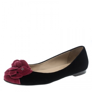 Pre Owned Chanel Black/Pink Velvet Camelia Flower Ballet Flats Size 37.5