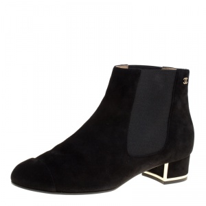 Chanel Black Suede and Elastic Fabric Ankle Boots Size 37