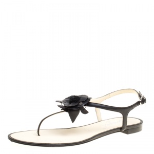 Chanel Black Leather Camellia Thong Sandals Size 40