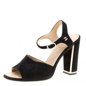 Chanel Black Suede Ankle Strap Block Heel Sandals Size 37.5