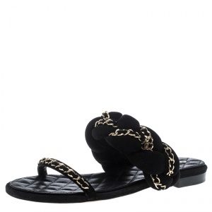 Chanel Black Suede Chain Embellished Flat Slide Sandals Size 38.5