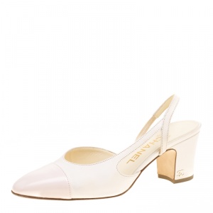 Chanel Blush Pink/Off White Leather Block Heel Slingback Sandals Size 36.5