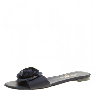 Chanel Oxford Blue Canvas CC Camellia Flat Slides Size 39