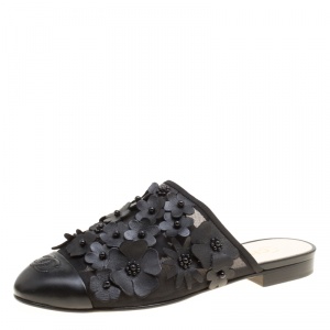 Chanel Black Leather CC Camellia Mules Size 39