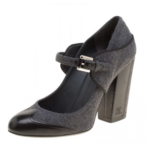 Pre Owned Chanel Grey/Black Wool Blend and Leather Cap Toe Mary Jane Block Heel Pumps Size 40
