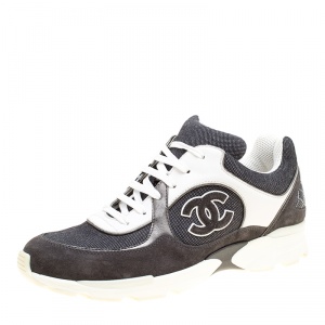 Pre Owned Chanel Monochrome Canvas And Suede CC Logo Lace Up Sneakers Size 40.5